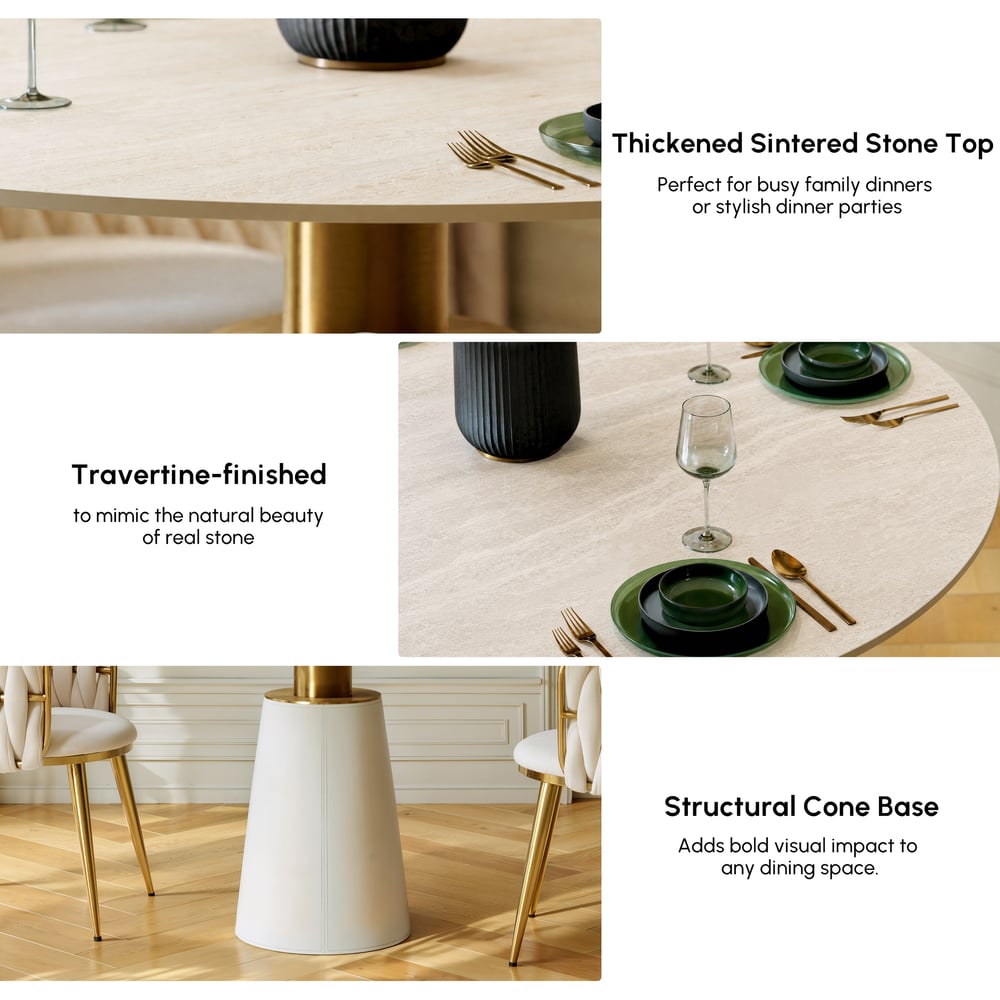 Modern 39" Round Faux Travertine Dining Table with Leather-Wrapped Base, Seats 2 window image
