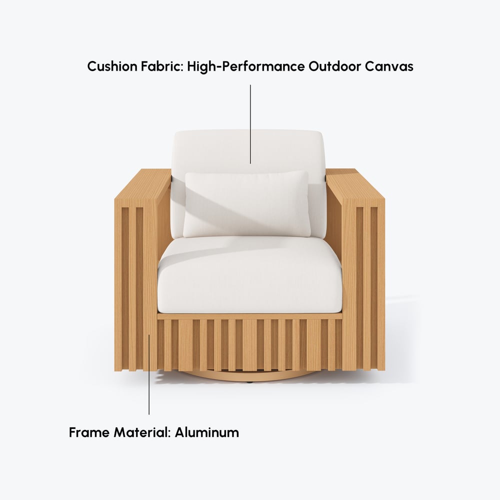 Modern Outdoor Sculptural Fluted 360-Degree Swivel Accent Chair in Natural window image