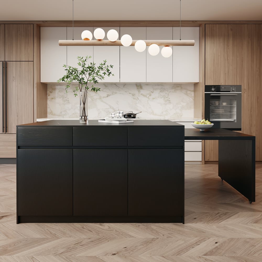 Îlot de cuisine extensible en pierre frittée mate de 81''-112" avec rangement, Noir image de fenêtre