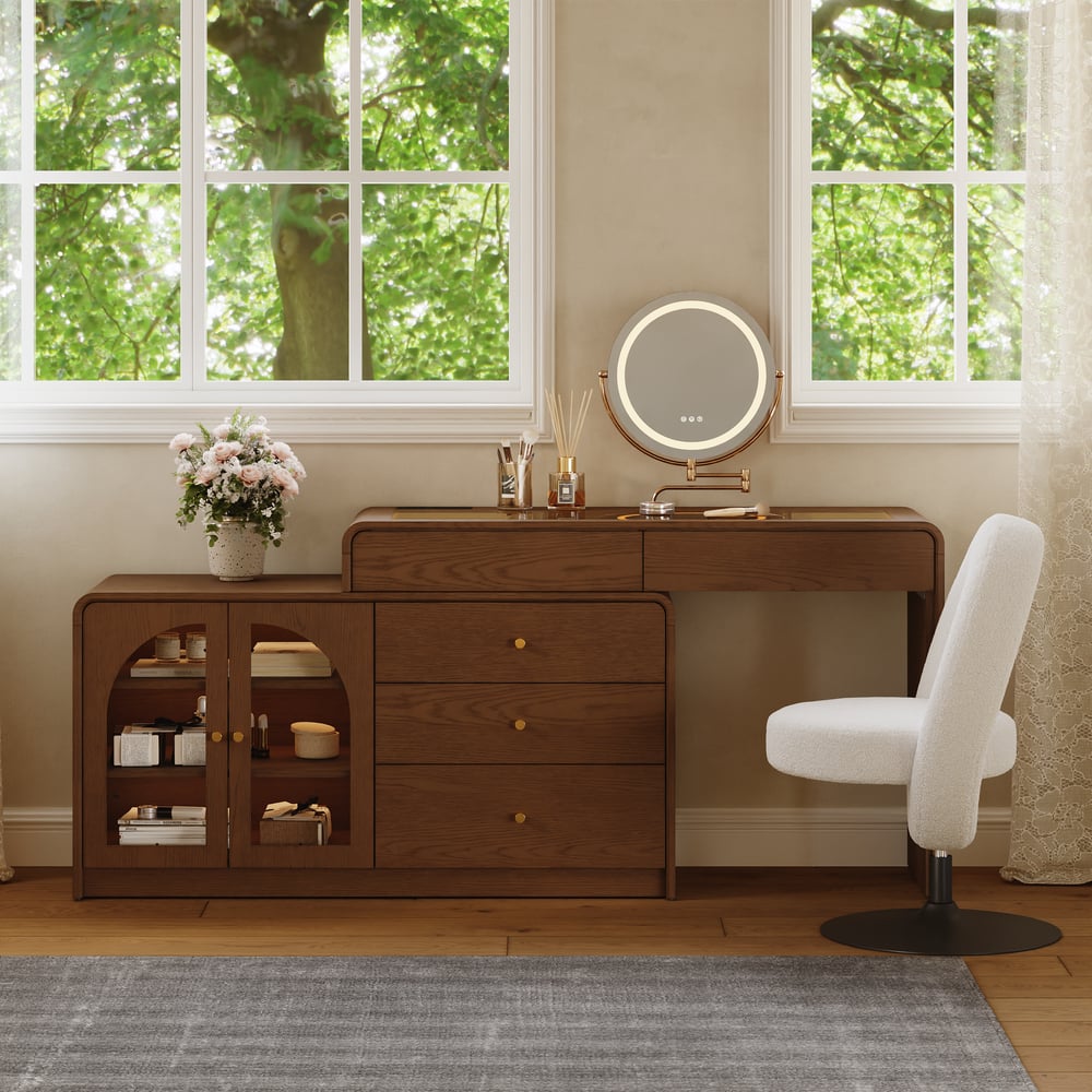 Mid Century Modern Extendable L-Shaped Makeup Vanity Dresser with LED Mirror(49"–91") window image