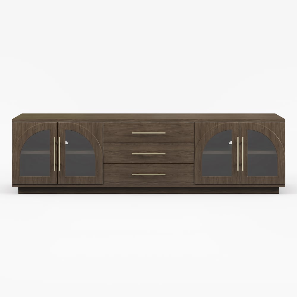 Arune 72" Arched Glass Doors Smoked Brown TV Stand with Storage and LED window image