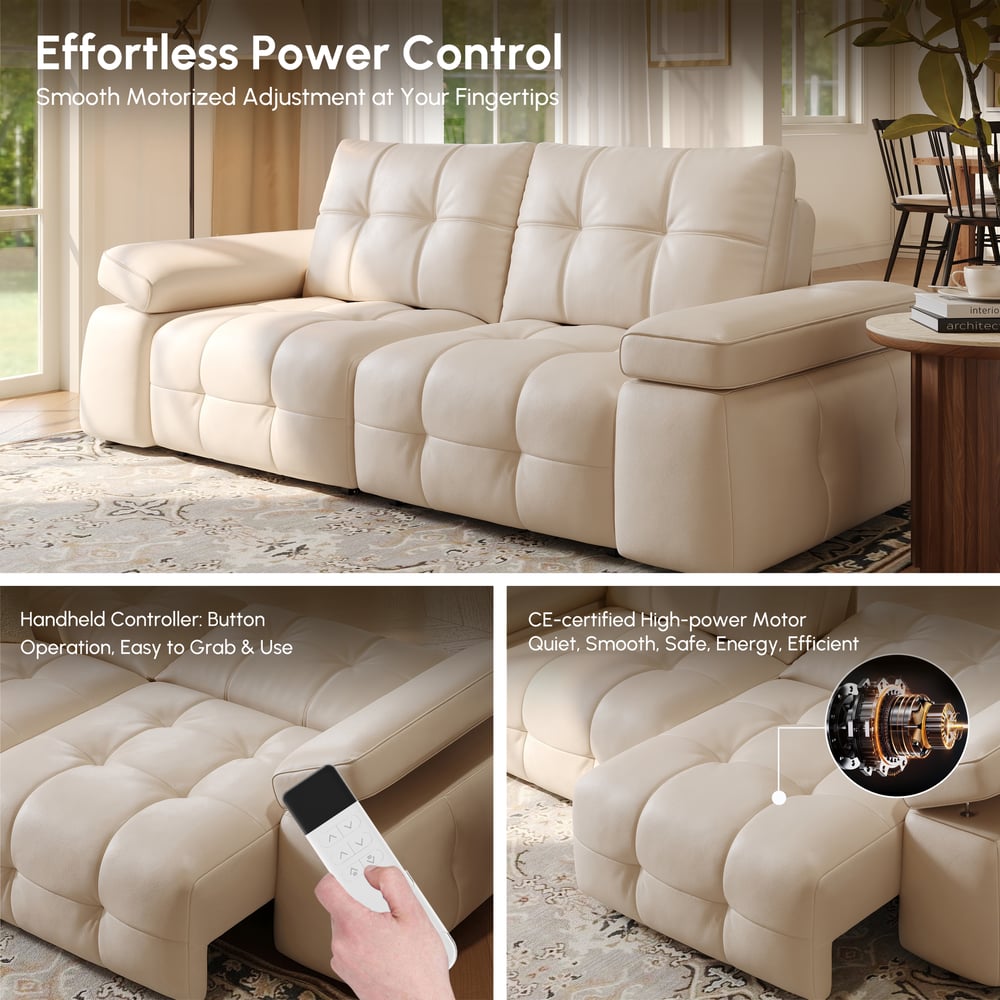 96" 2-Seater Genuine Leather Power Convertible Sleeper Sofa with Adjustable Armrests window image