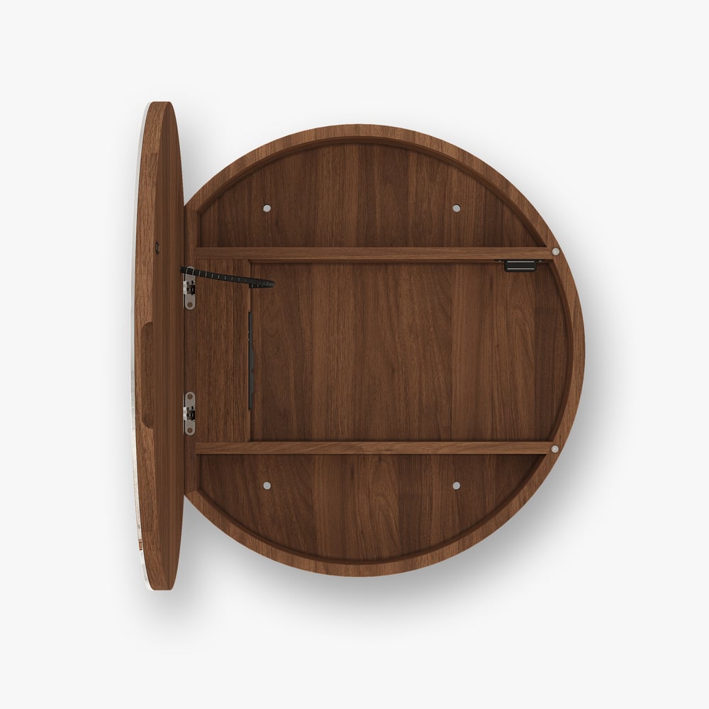 24" Round LED Walnut Medicine Cabinet with Storage, Anti-Fog, Dimmable window image