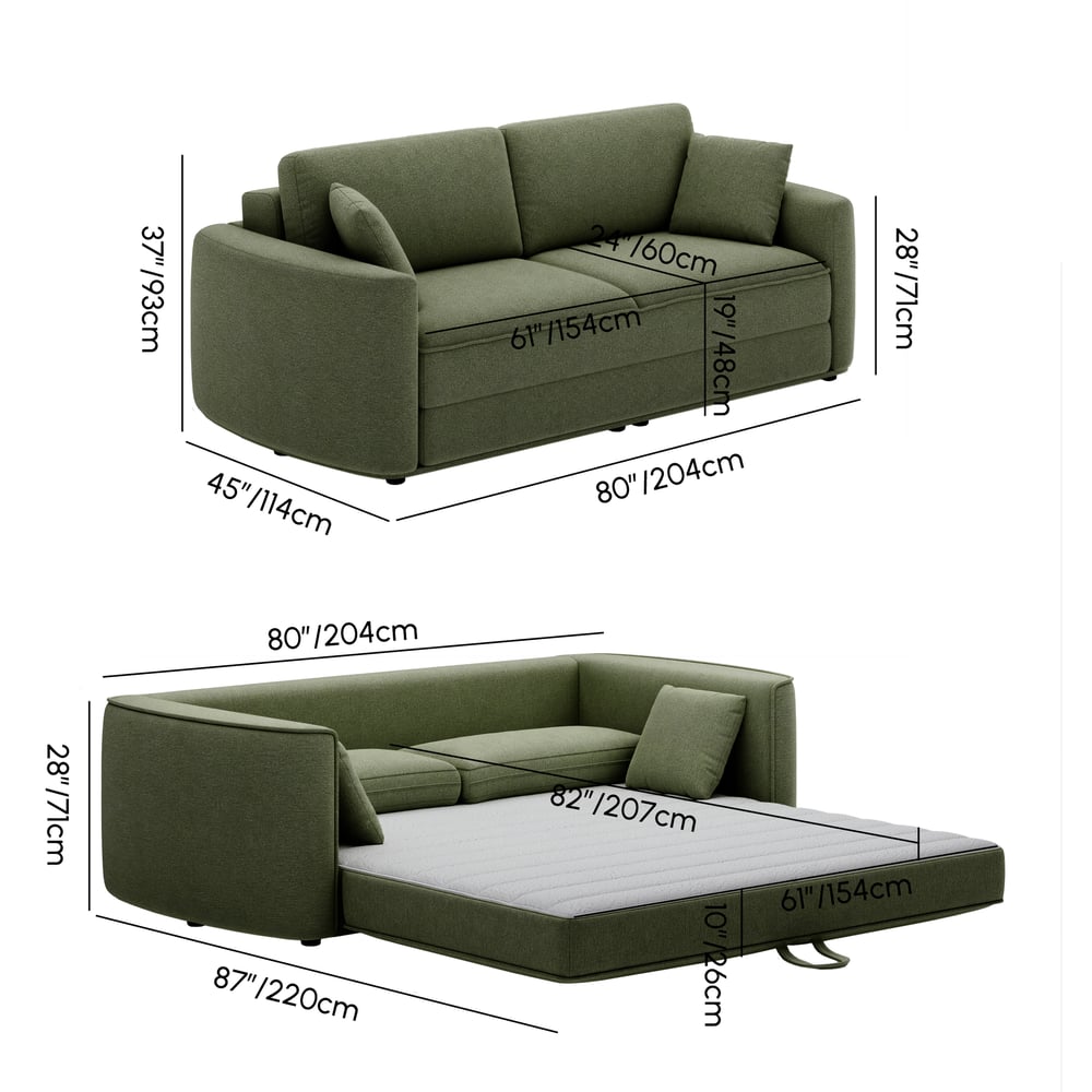 80" Queen 3-Seater Chenille Fold-Down Sleeper Sofa with Removable Cover weights dimensions image