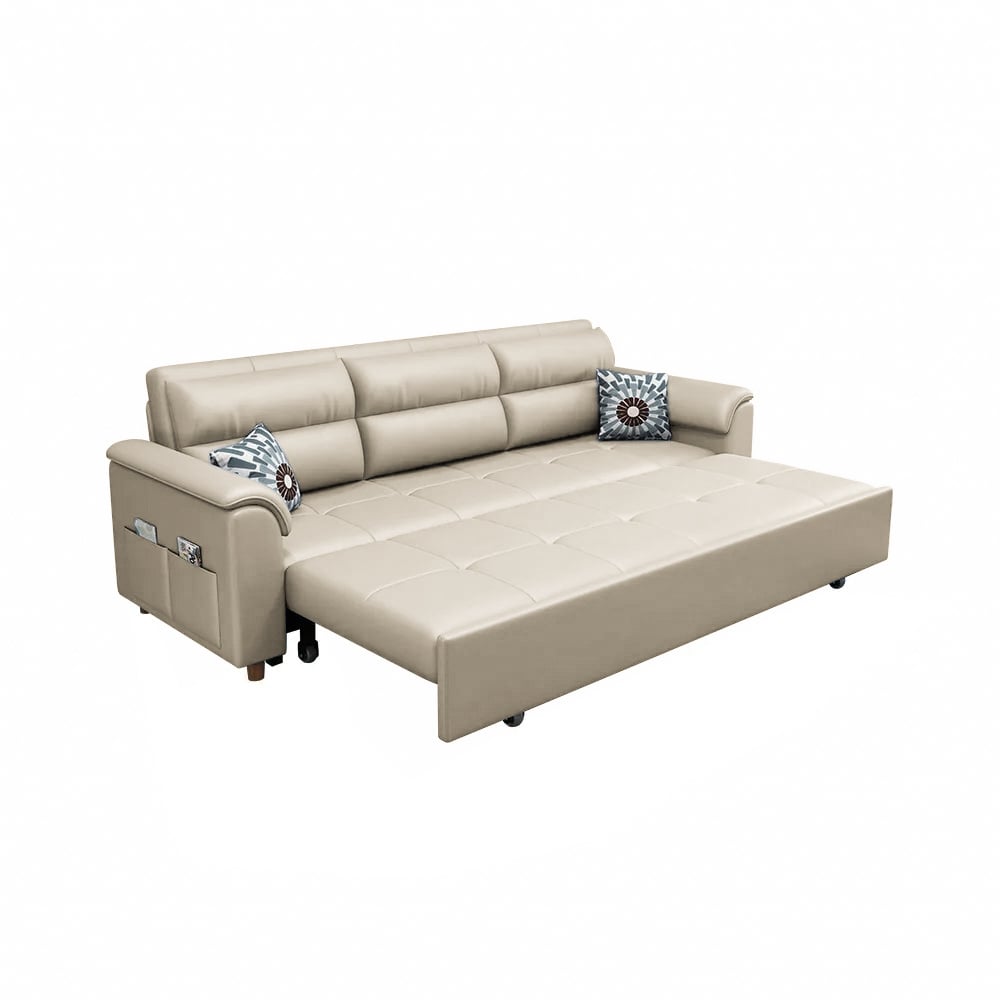 233cm King Faux Leather Pull-out Sleeper Sofa with Storage and Side Pockets window image
