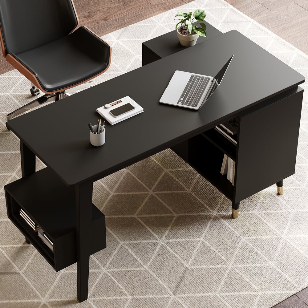 Ultic Matte Black L Shaped Home Office Desk & Faux Leather Office Chair Set with Wheels window image