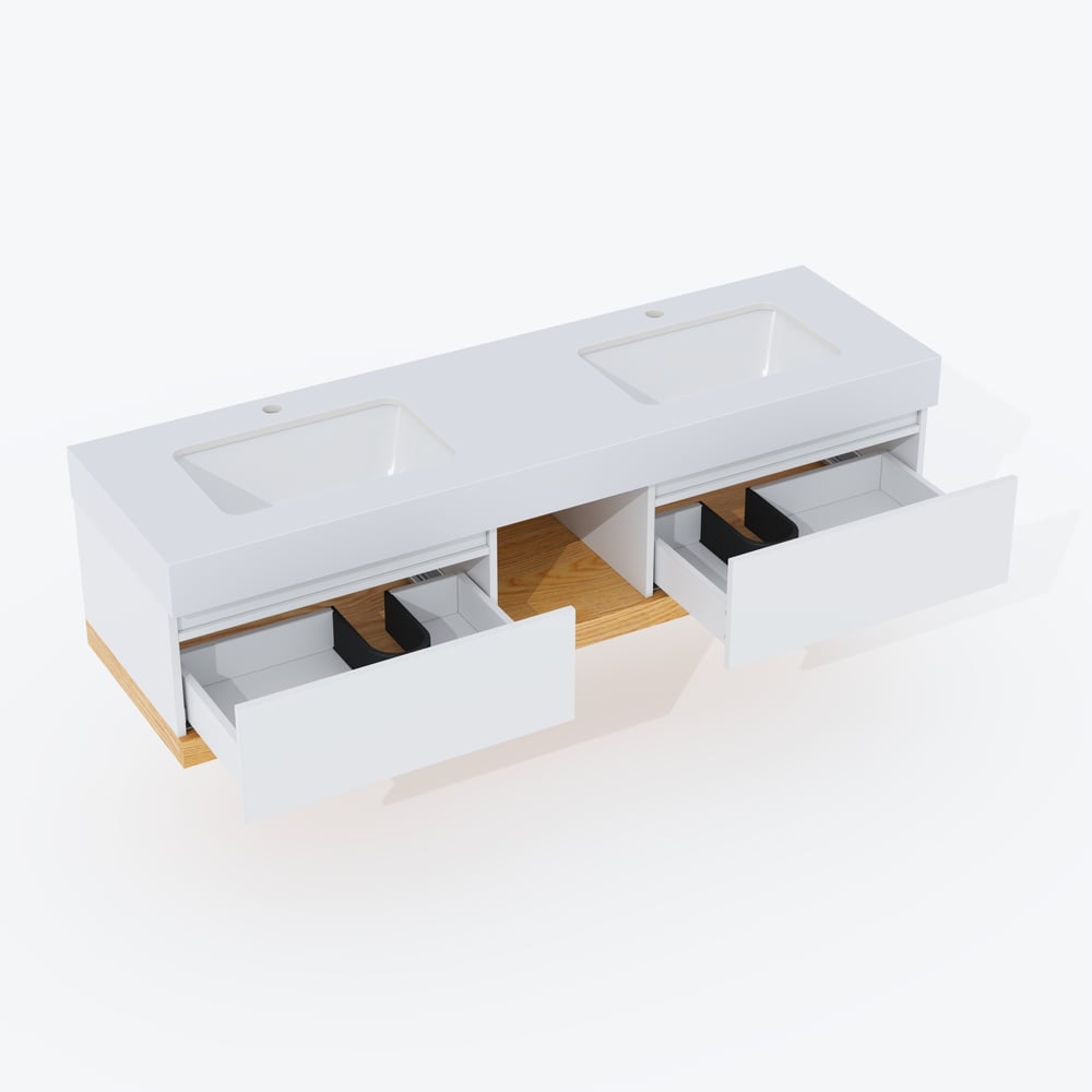 Móvel de casa de banho duplo flutuante de 150 cm com lavatórios de cerâmica, tampo de pedra sinterizada Imagem da janela
