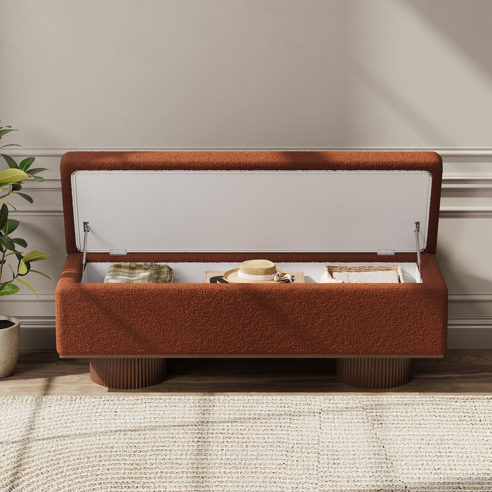 Teddy Fabric Fluffy Faux Fur Flip Top Wood Storage Entryway Bench window image