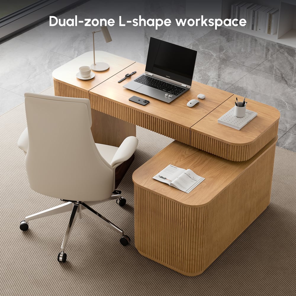Velign 65" L-Shape Natural Executive Desk with Right-Side Cabinet window image
