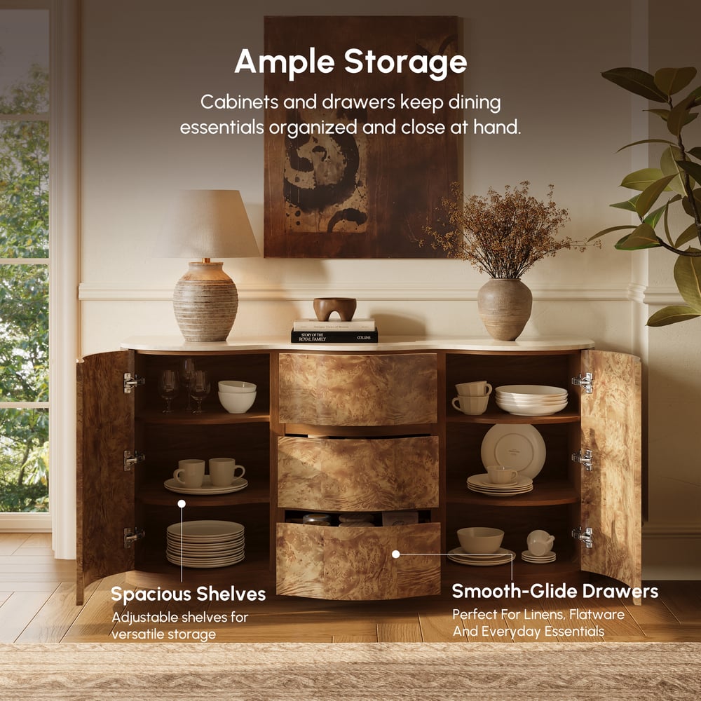 Modern 63" Burl Wood Sideboard with Sintered Stone Top window image