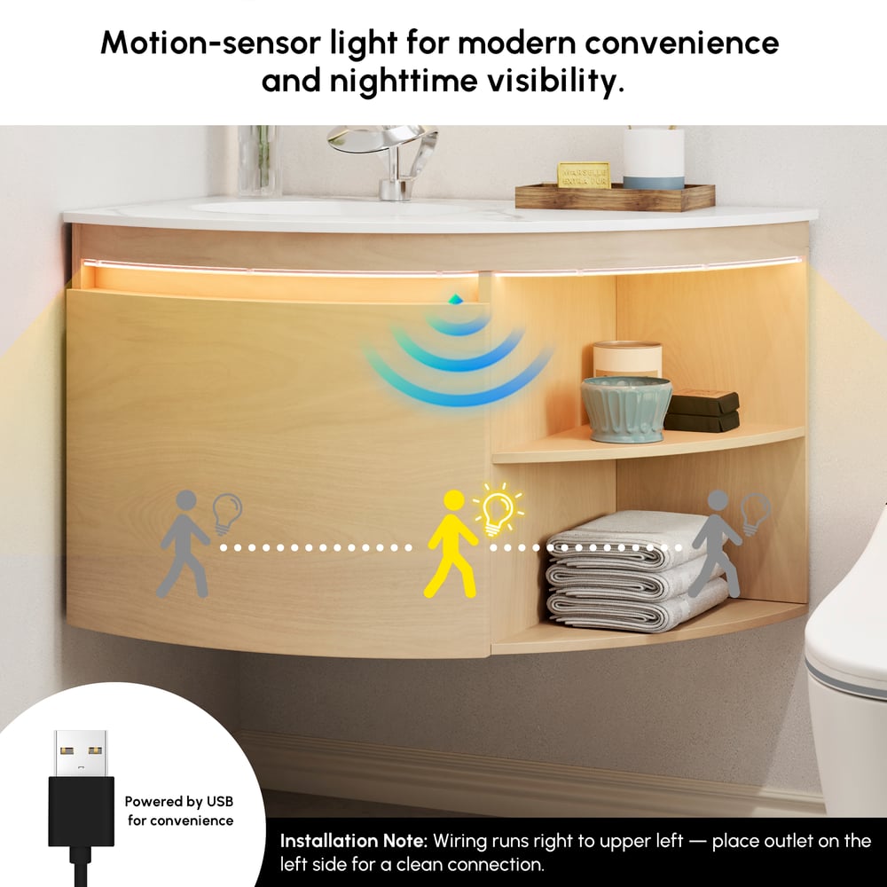 Meuble-lavabo d'angle de 91,44 cm avec rangement et éclairage LED à capteur image de fenêtre