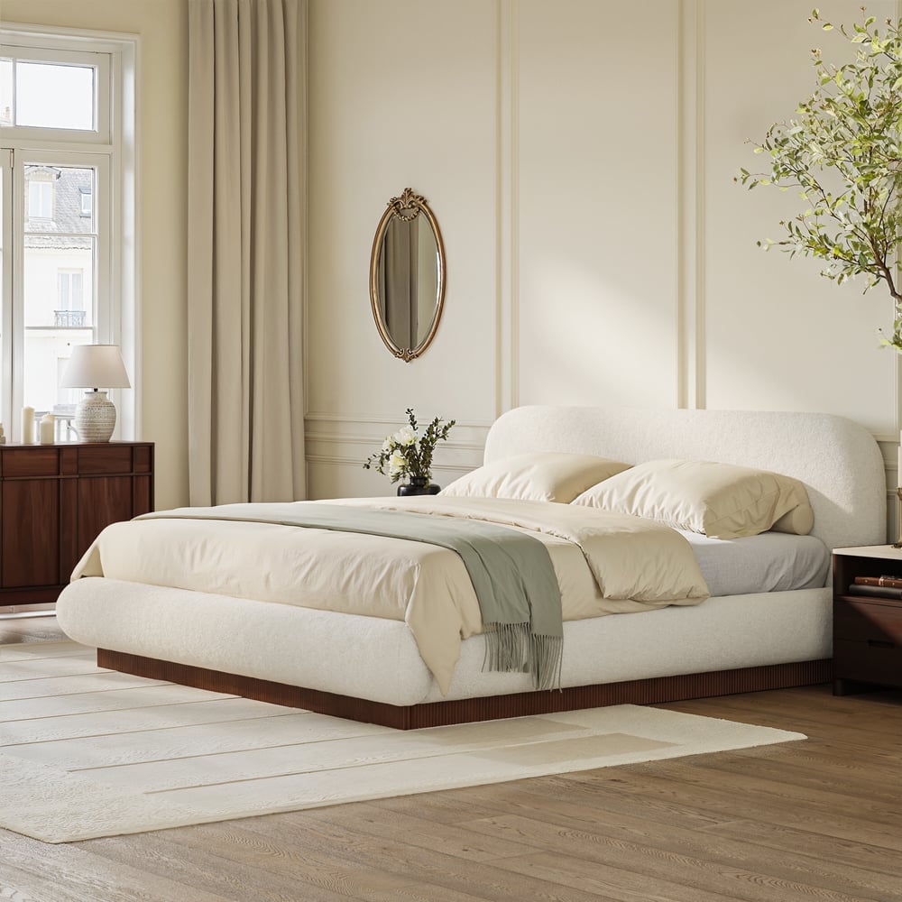 Modern Boucle Upholstered Bed with Charging Station & Fluted Base window image