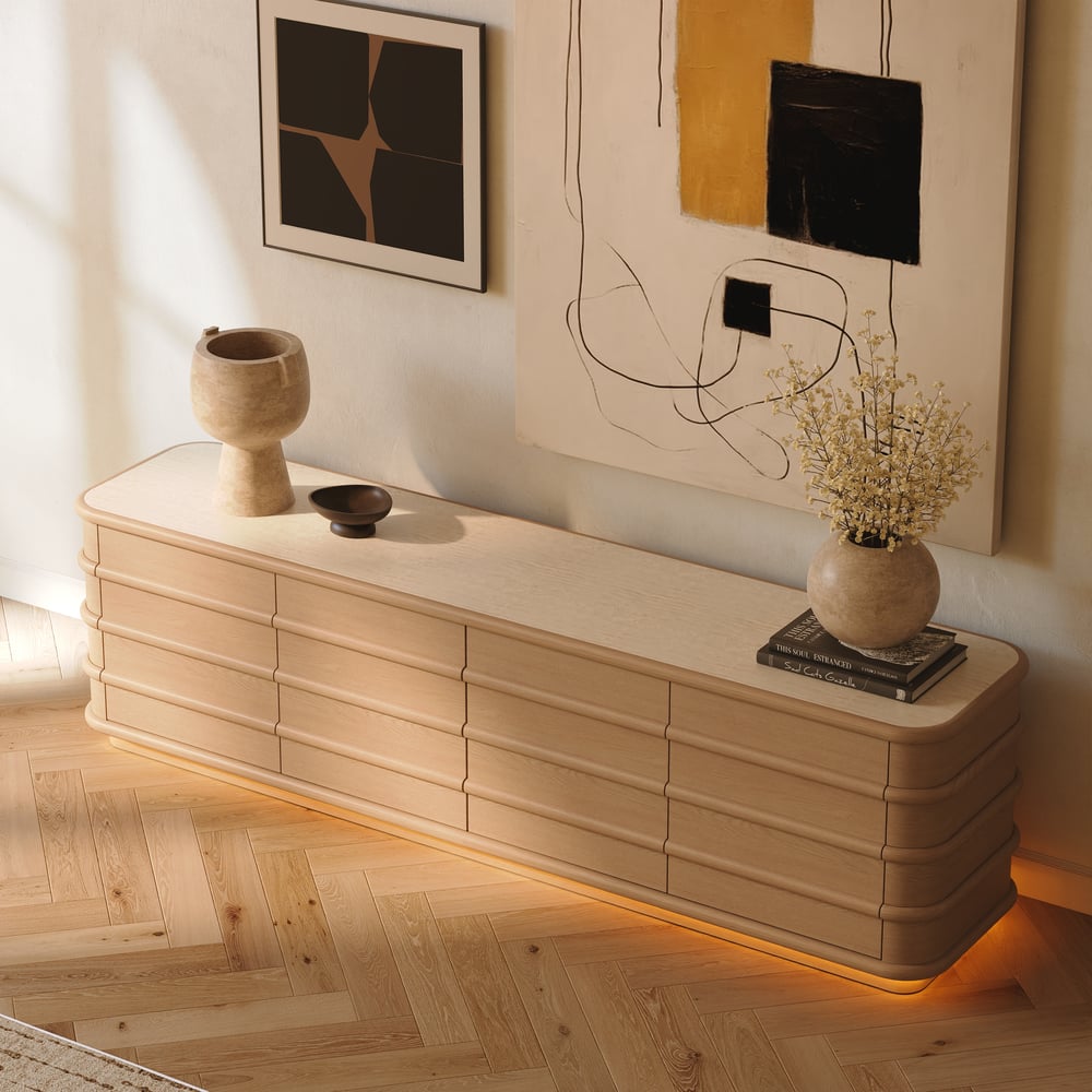 Meuble TV de 80" en bois de frêne avec plateau en pierre frittée image de fenêtre
