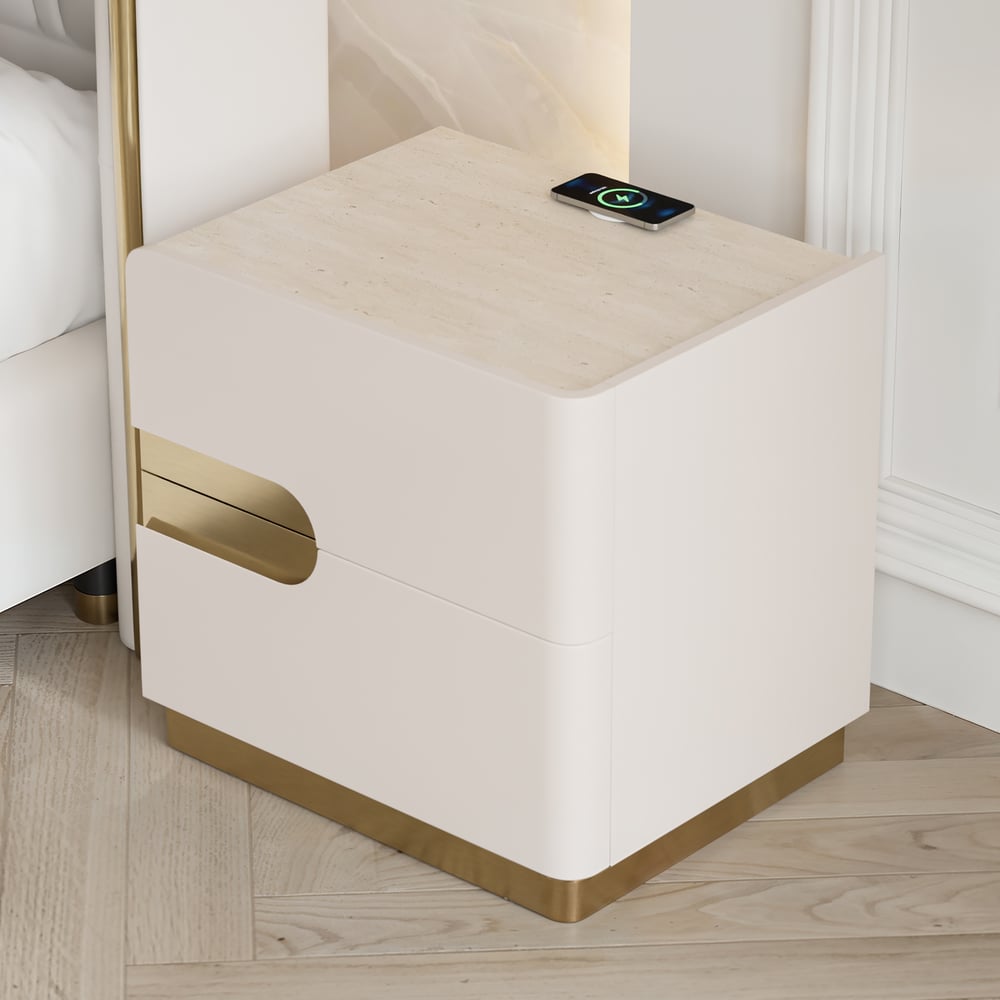 Table de chevet intelligente de 20" à 2 tiroirs avec plateau en pierre frittée et station de charge image de fenêtre