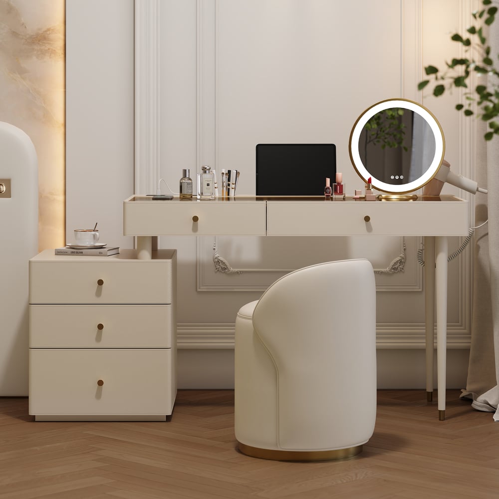 Selva Oatmeal Saddle Leather LED-Makeup Vanity Set with Charing Station and Mirror window image