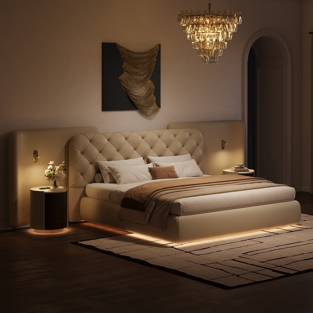 Modern King Genuine Leather Tufted Bed with Wide Charging Headboard & Light window image