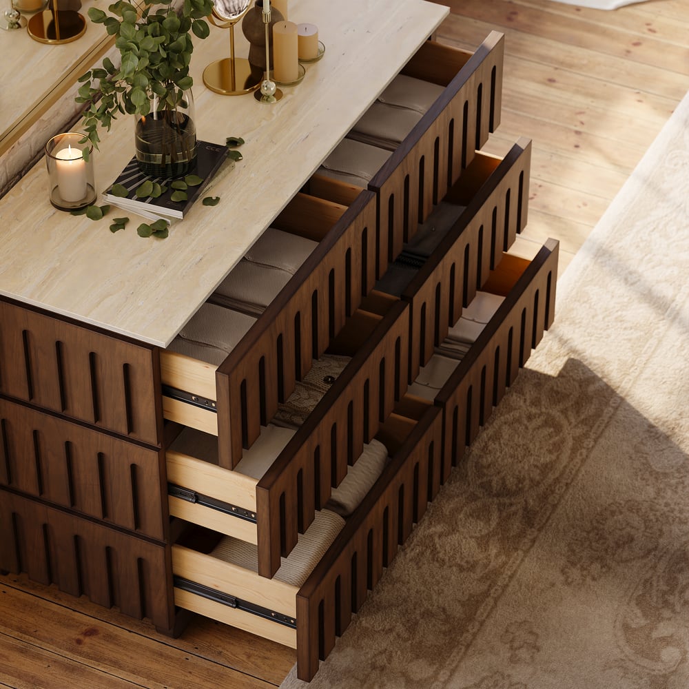 Commode moderne de 47 po en bois de frêne à 6 tiroirs avec dessus en pierre frittée imitation travertin image de fenêtre