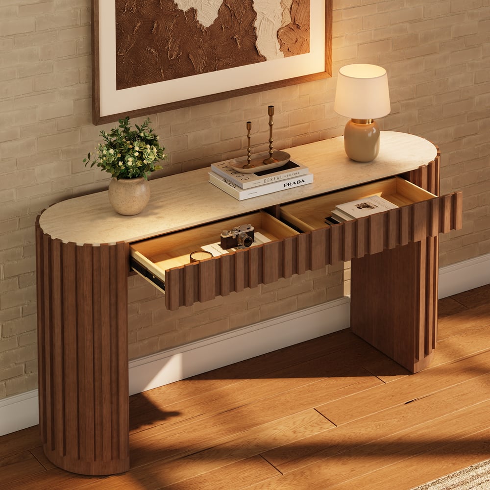 Aura 60" Ash Wood Fluted Walnut Console Table With SIntered Stone Top window image