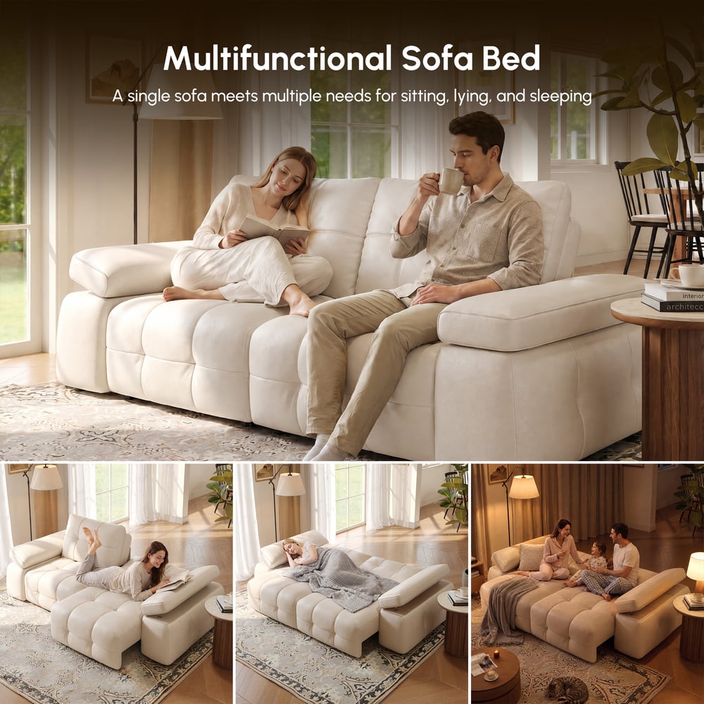 96" 2-Seater Genuine Leather Power Convertible Sleeper Sofa with Adjustable Armrests window image
