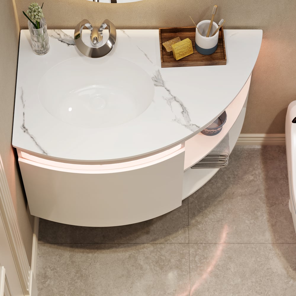 Meuble de salle de bain d'angle de 36 pouces avec rangement et éclairage LED à capteur image de fenêtre