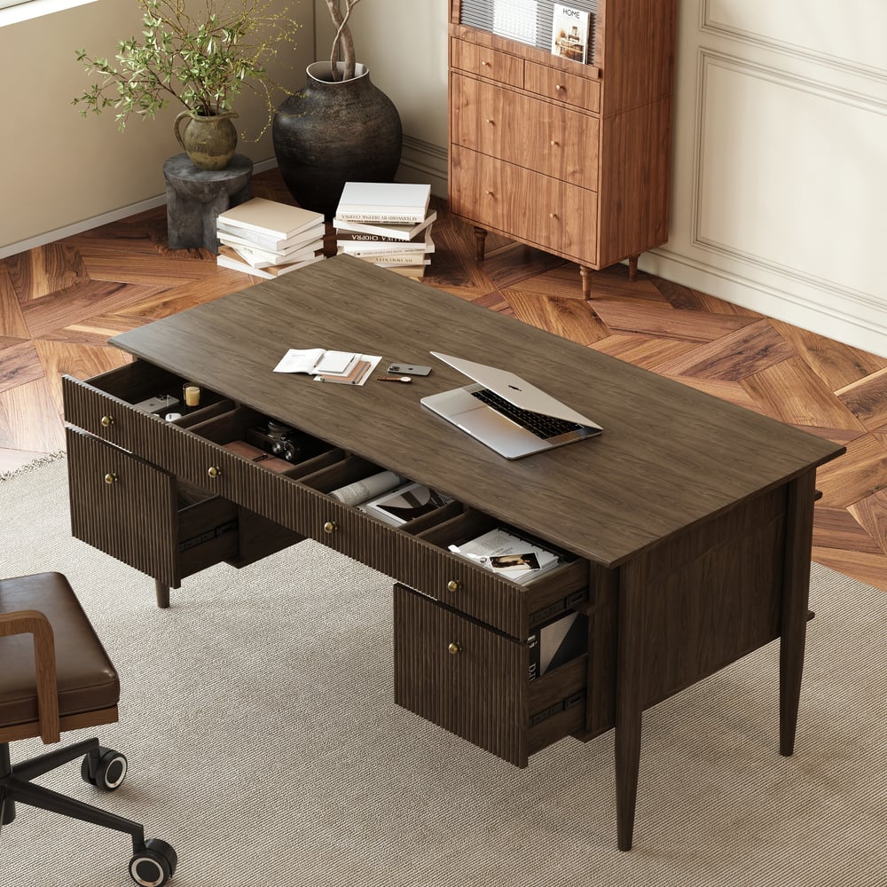64" Houten bureau met 6 laden Vensterafbeelding