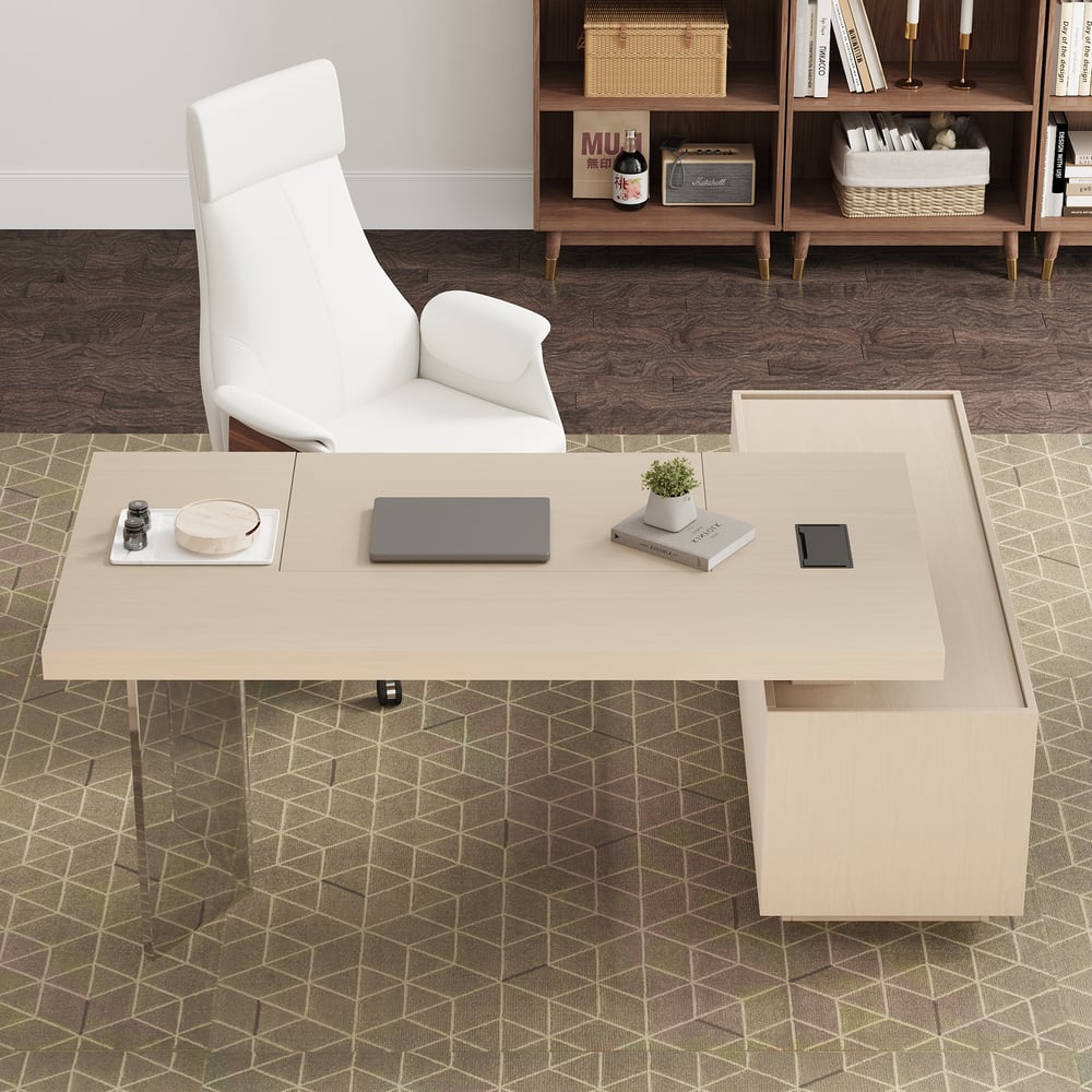 Modern 72" L-Shape Whitewash Standing Executive Desk with Lifter Desktop Left Hand window image