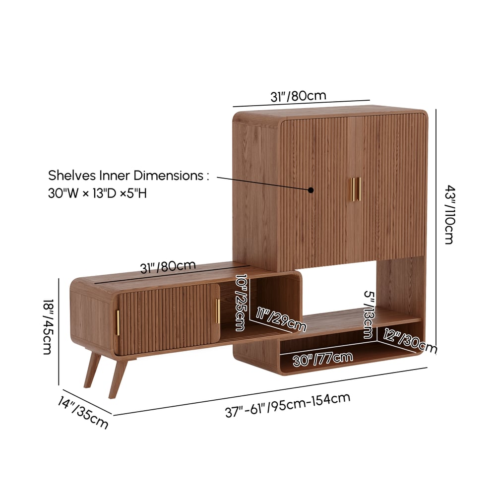 37" Ash Wood Veneer Fluted Shoe Storage Entryway Cabinet, Left Hand weights dimensions image