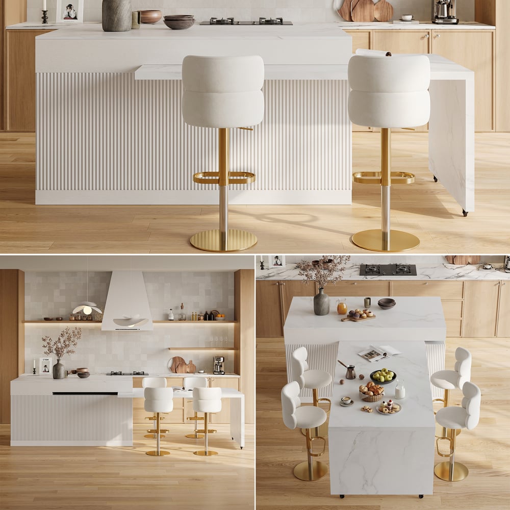 Modern 81"-112" Marble Pattern Kitchen Island with Doors & Drawers, White window image