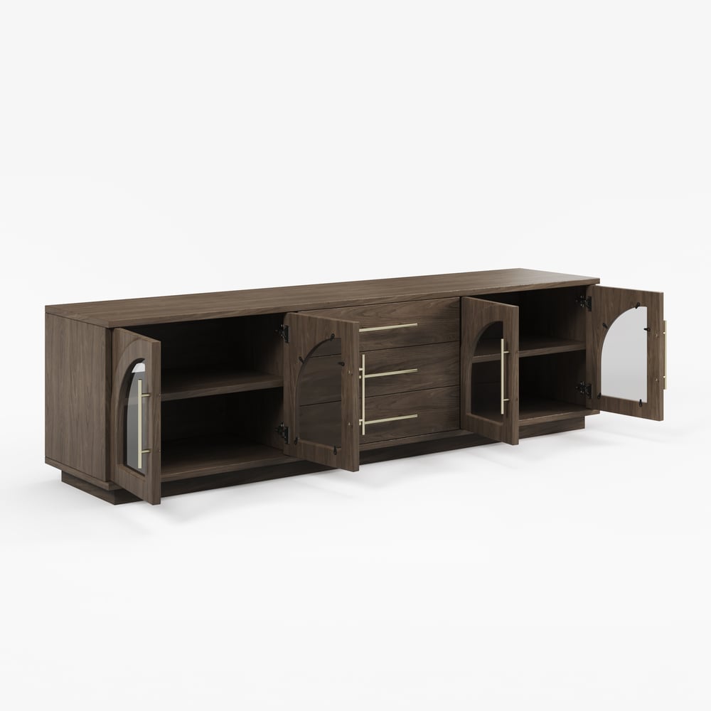 Arune 72" Arched Glass Doors Smoked Brown TV Stand with Storage and LED window image