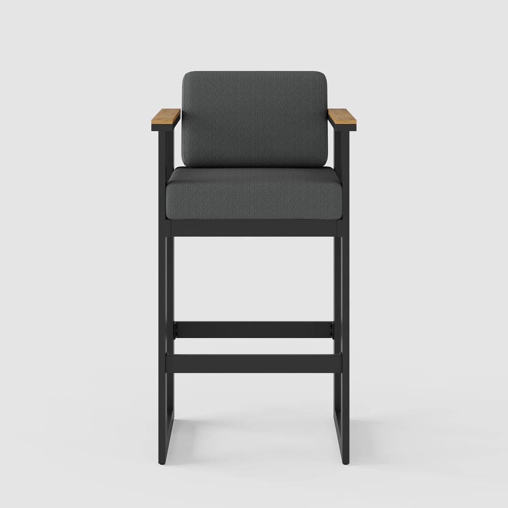 Tevara Outdoor Aluminum Frame & Teak Wood Armrest Bar Stools in Dark Gray, Set of 2 window image