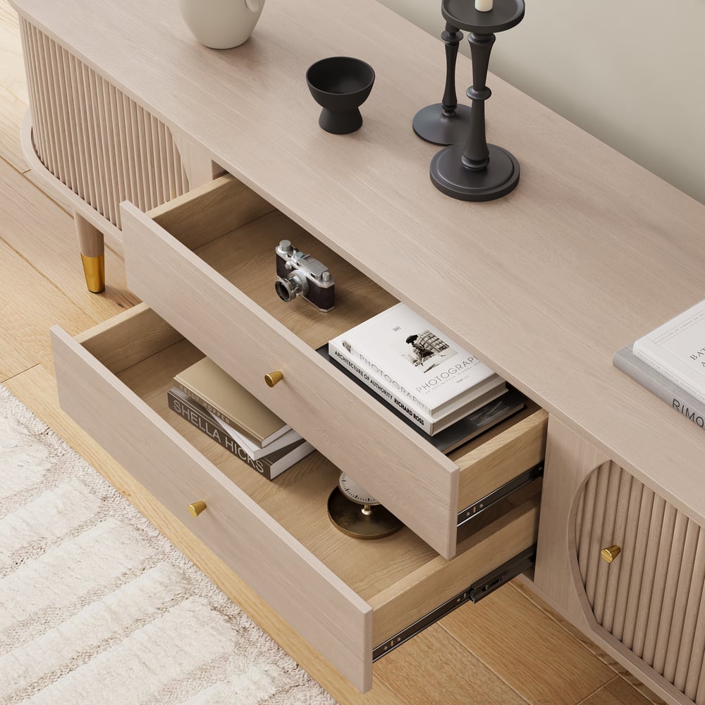 80" Ash Wood Fluted Whitewash TV Stand with Storage window image