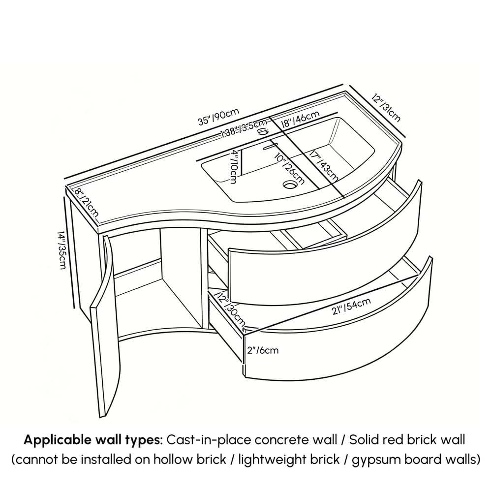 35" Floating Single Curved Bathroom Vanity with Sink & Storage weights dimensions image