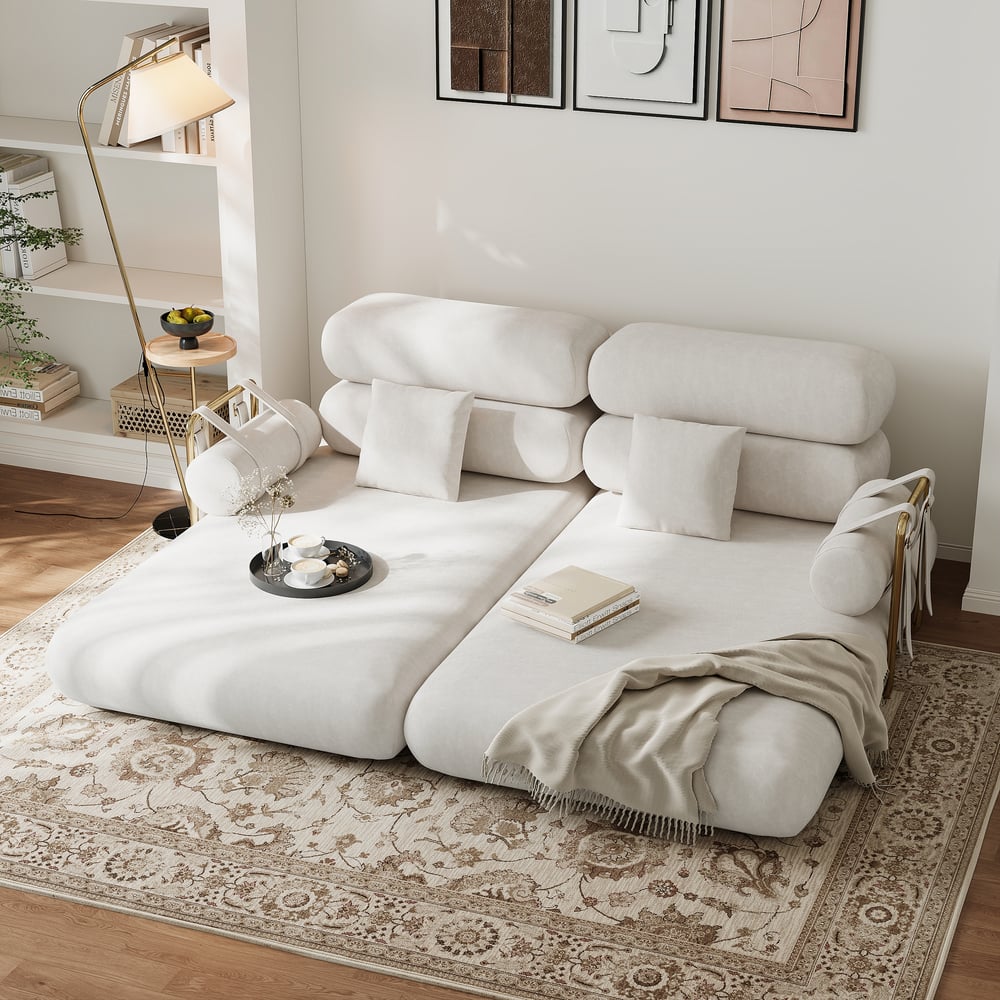 Sofá cama futón de terciopelo blanco tamaño queen de 67", sofá cama 4 en 1 Imagen de ventana