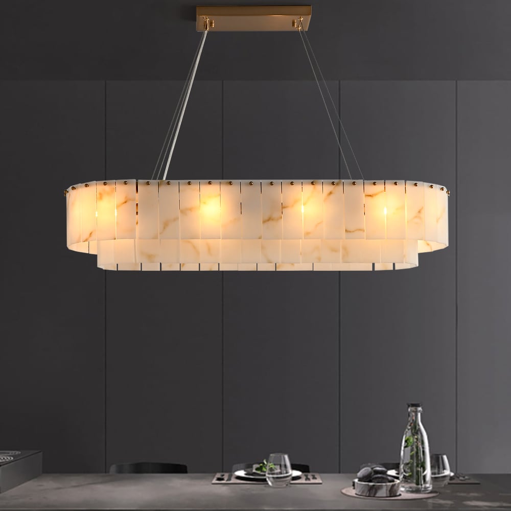 12-Light Linear Chandelier Alabaster-Look 2-Tier Dining Chandelier 40" window image