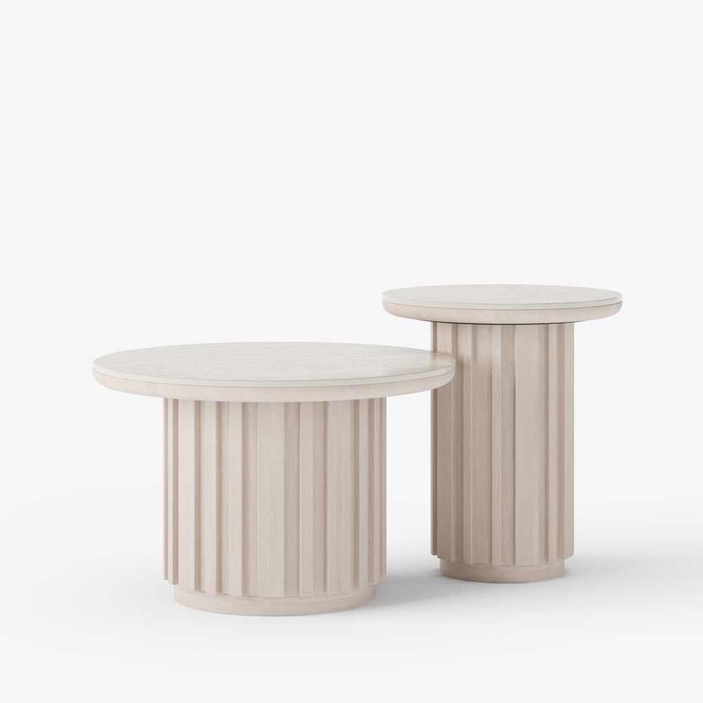 Aura 2 Piece Set Ash Wood Slatted  Round Coffee Table with Sintered Stone Top(20" - 28") window image