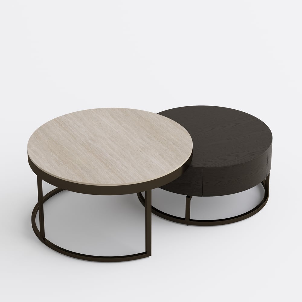 Ensemble de 2 tables basses gigognes rondes Nesnesis de 28" à 32" en noyer avec plateau en pierre frittée image de fenêtre