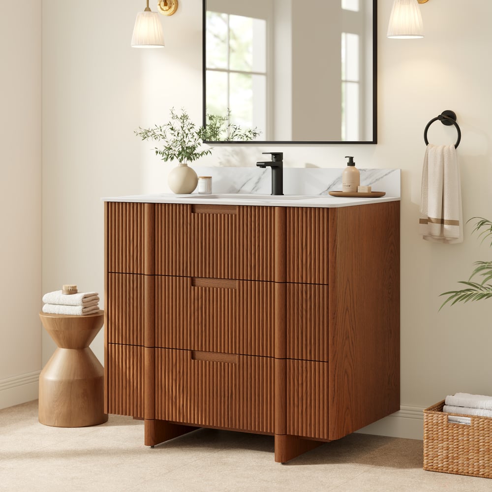 36" Fluted Single Bathroom Vanity with Sink and Sintered Stone Top window image