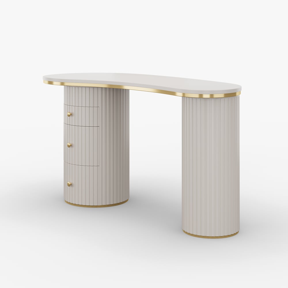 Warm White Curved Wooden Office Desk & Adjustable Swivel Executive Chair in Beige & Gold window image