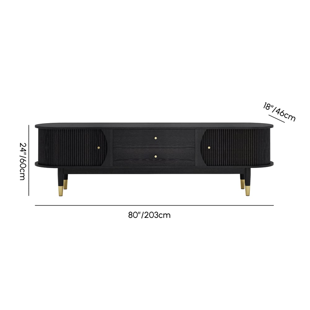 80" Ash Wood Fluted Black TV Stand with Storage weights dimensions image