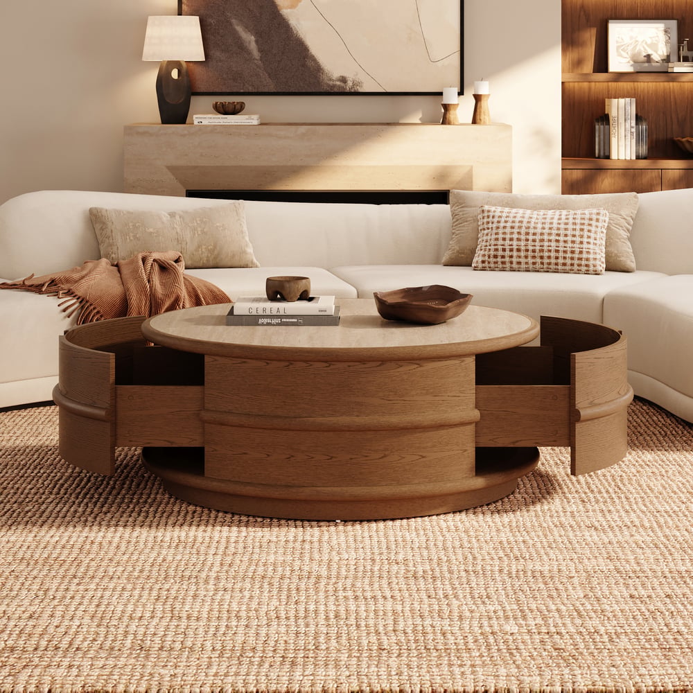 36" Ash Wood Round Coffee Table with Sintered Stone Top window image