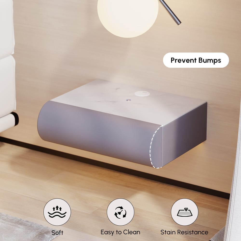Comodino Smart Humply Sospeso in Pelle con 1 Cassetto, LED e Piano in Pietra Sinterizzata Immagine della finestra
