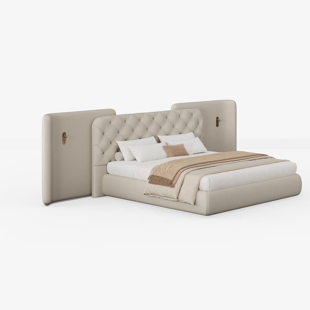 Modern King Genuine Leather Tufted Bed with Wide Charging Headboard & Light window image