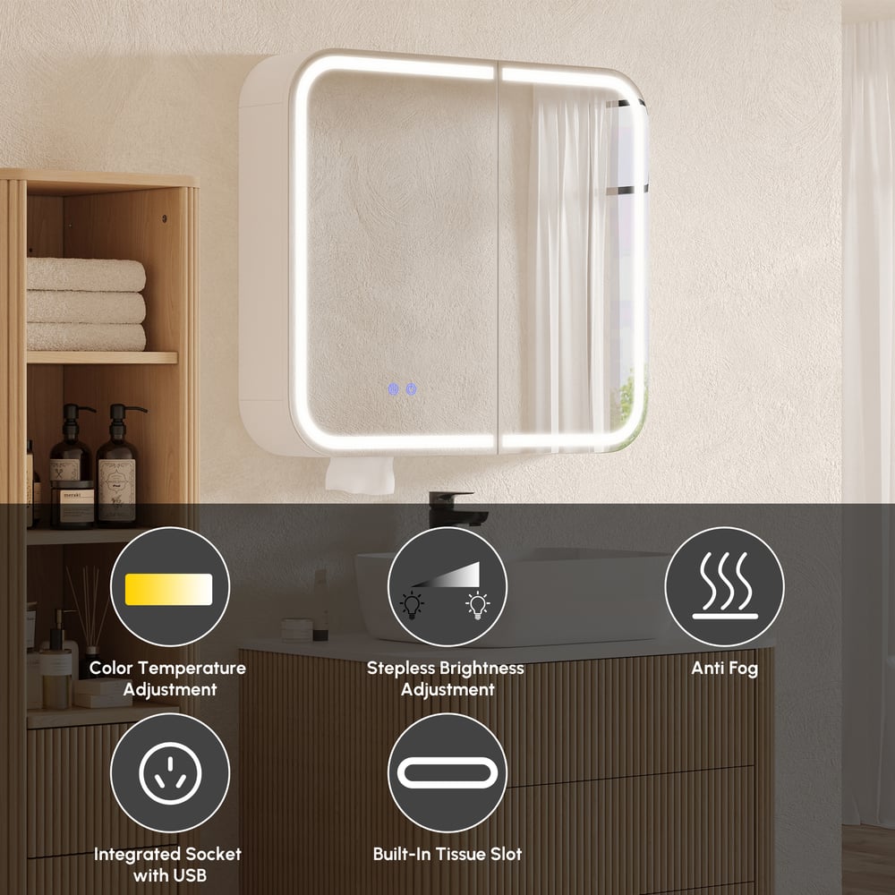 31" LED Bathroom Mirror Cabinet with Defogger, 3-Color Light, Tissue Slot window image