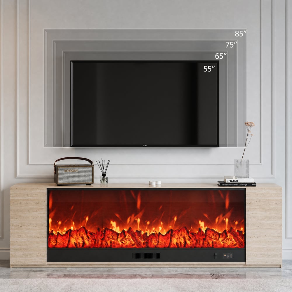 87" Sintered Stone Electric Fireplace TV Stand with Remote Control window image