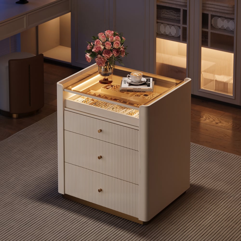Modern 29.5" Fluted Leather Closet Island 7 Drawer Dresser with Light & Jewelry Storage window image