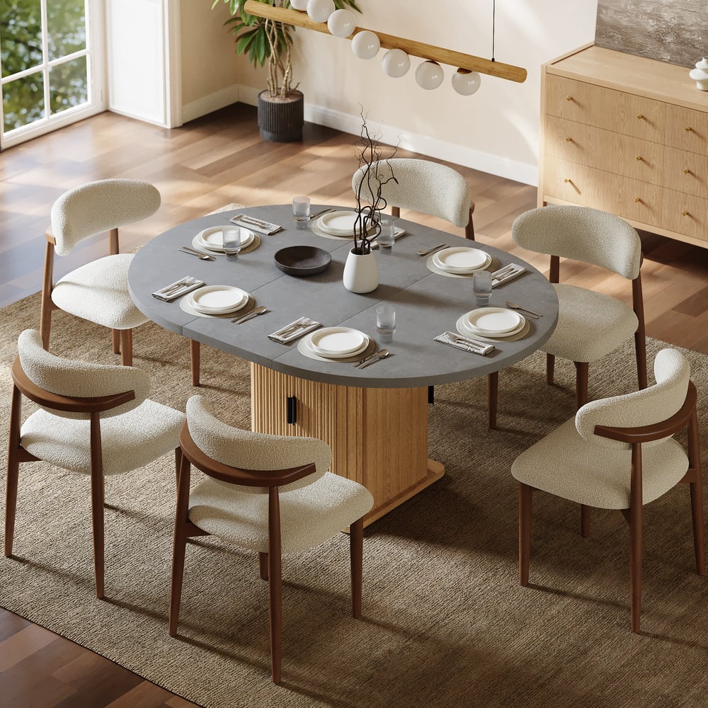 Juego de mesa de comedor extensible gris de 47 a 63 pulgadas con 6 sillas Imagen de ventana