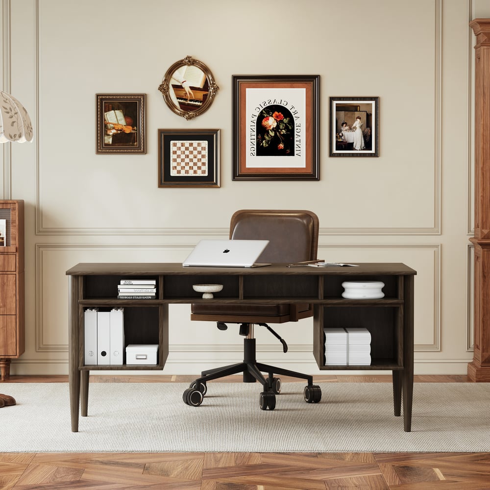 64" Houten bureau met 6 laden Vensterafbeelding