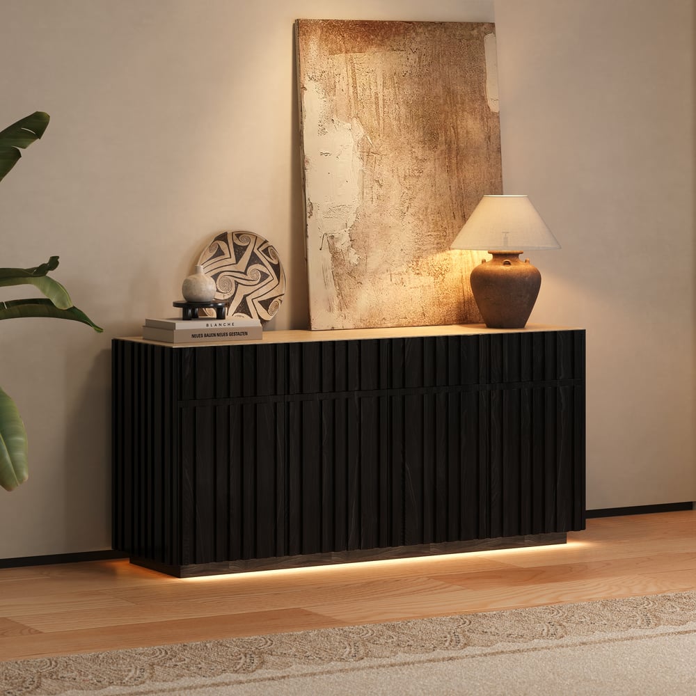 Aura 65" Ash Wood Slatted Black TV Stand with Sintered Stone Top window image