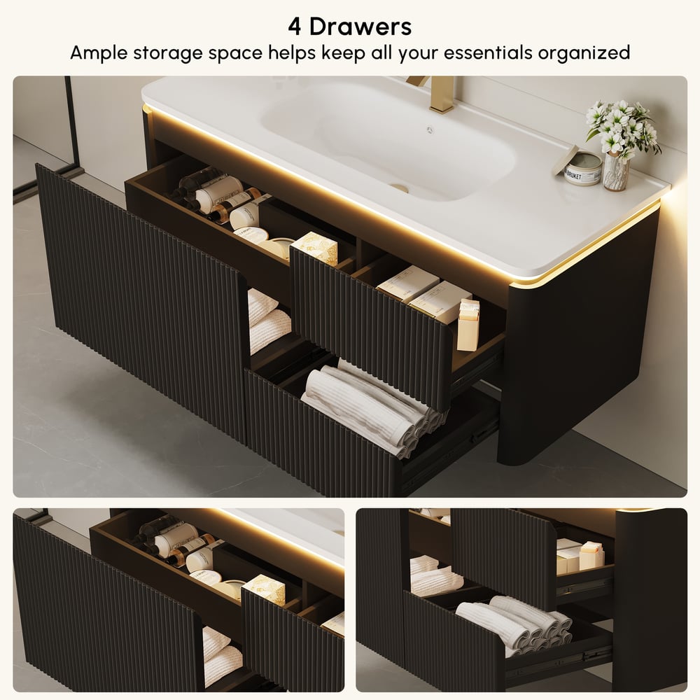 Mueble de baño flotante moderno de 120 cm con lavabo, LED suave, amplio almacenamiento Imagen de ventana