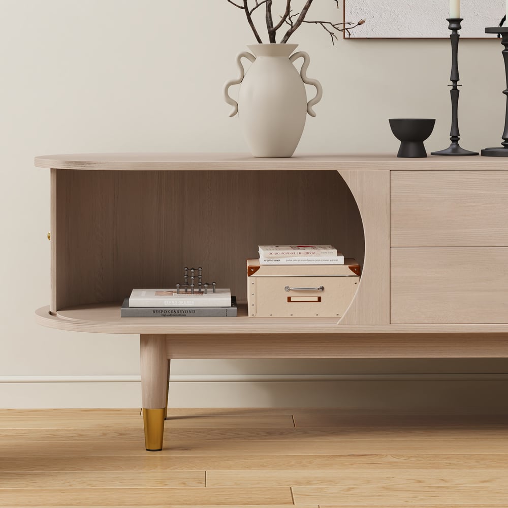 80" Ash Wood Fluted Whitewash TV Stand with Storage window image